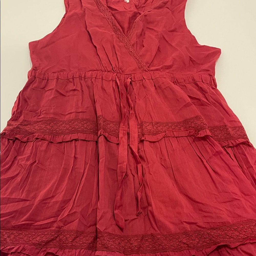 Sundance Zura Silk Blend Sleeveless Tiered Dress in Wine Red with Tie Waist - Picture 3 of 9